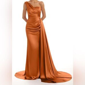 Bronze Gold One Shoulder Sleeveless Gown Dress Sz 14 Silky Formal Wedding Proms